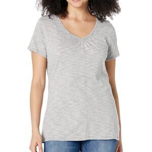 Hanes Gray Women Shirt Slub Cotton Shirred V Neck Small Gray Short Sleeves Tee